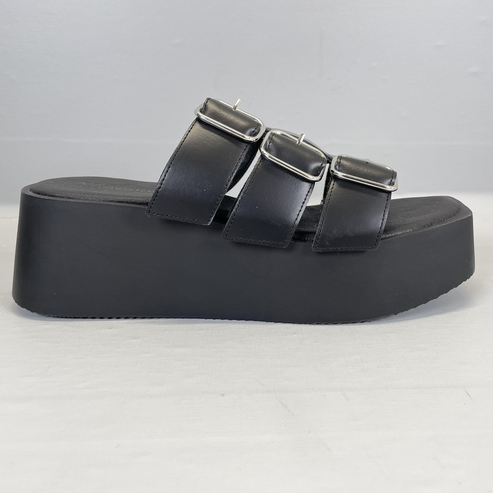 Anthropologie Platform Wedge Sandals Womens Size 39 Black Leather Buckle Shoes